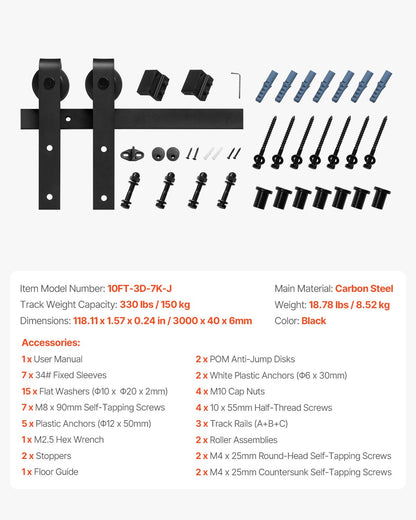 10FT Sliding Barn Door Hardware Kit, 330 LBS Weight Capacity, Compatible with 60 Inches Max Width & 1-3/8 to 1-3/4 Inches Thickness Single Sliding Barn Door, Durable Track & J-shape Roller,Black