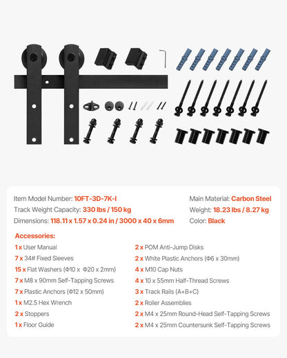 10FT Sliding Barn Door Hardware Kit, 330 LBS Weight Capacity, Compatible with 60 Inches Max Width & 1-3/8 to 1-3/4 Inches Thickness Single Sliding Barn Door, Durable Track & I-shape Roller,Black