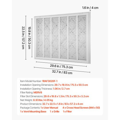 return air filter grille fits duct opening W30 x H20 inch with filter | EU