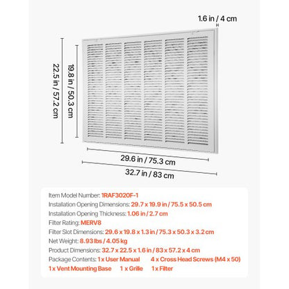return air filter grille fits duct opening W30 x H20 inch with filter | EU