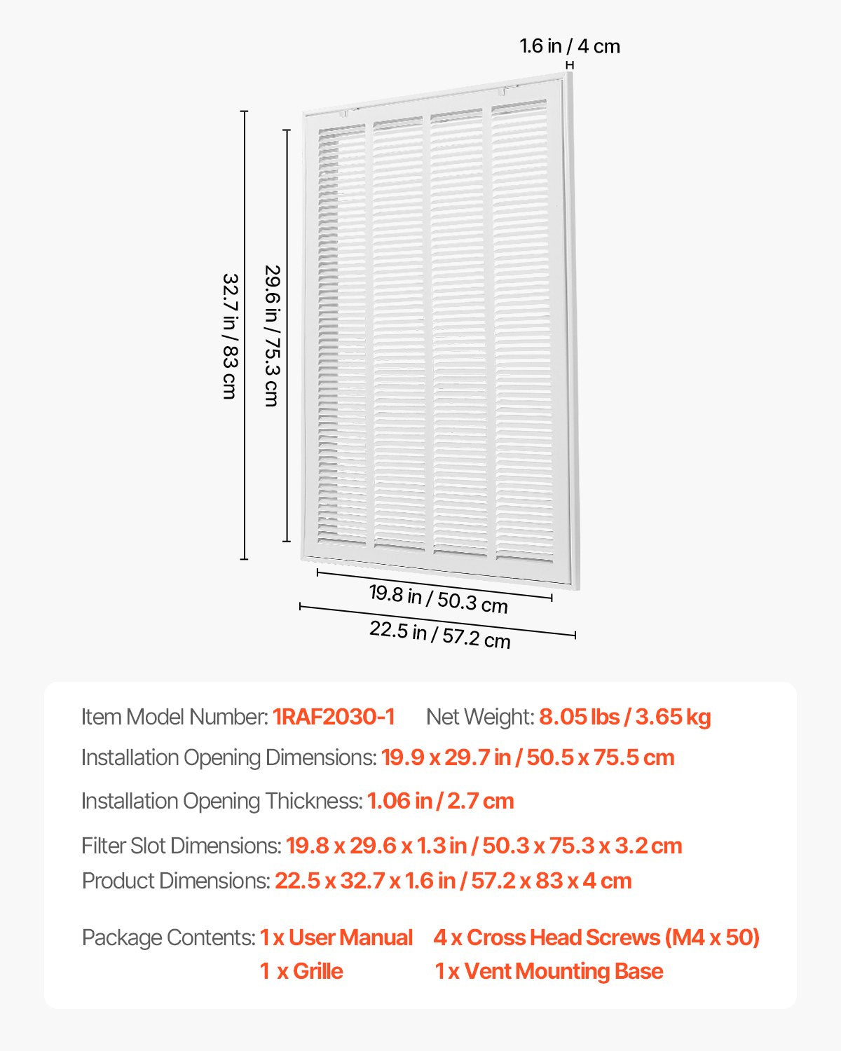 Return Air Filter Grille, Fits W20 x H30 Inch Duct Opening, Filter Not Included, Return Air Vent Cover for Wall, Powder-Coated Steel Return Air Grill Detachable Face/Door for 1 inch Filters