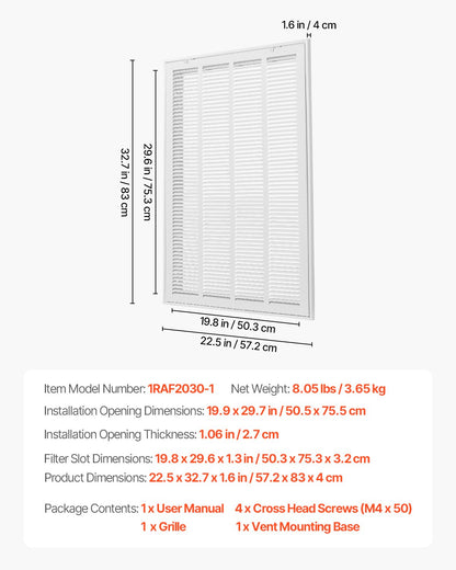 Return Air Filter Grille, Fits W20 x H30 Inch Duct Opening, Filter Not Included, Return Air Vent Cover for Wall, Powder-Coated Steel Return Air Grill Detachable Face/Door for 1 inch Filters