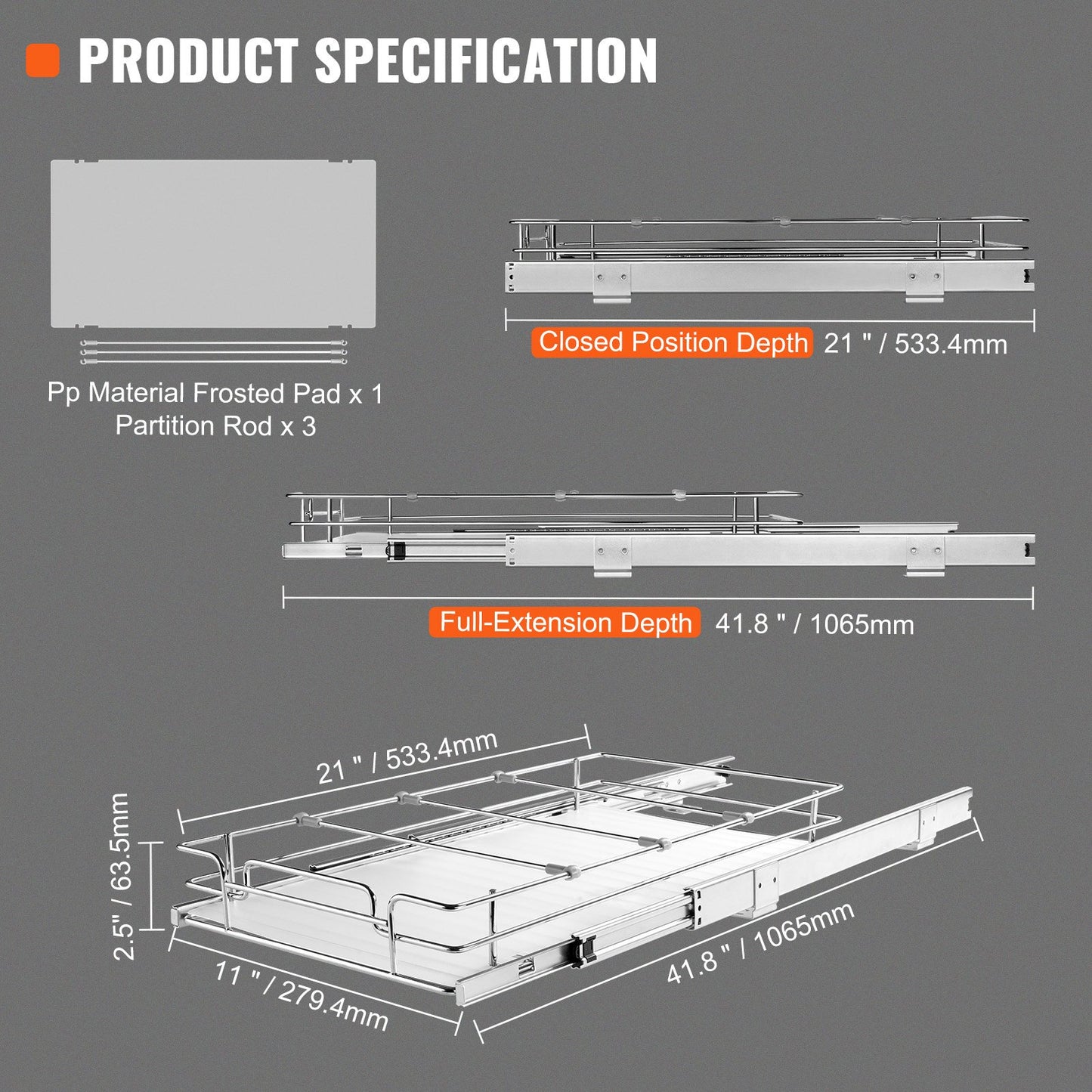 Ausziehbarer Schrank (27,9 cm B x 53,3 cm T), robuste ausziehbare Vorratsregale, ausziehbare Schubladen aus verchromtem Stahl, Schiebeaufbewahrung für Zuhause, im Küchenschrank, im Badezimmer, unter der Spüle