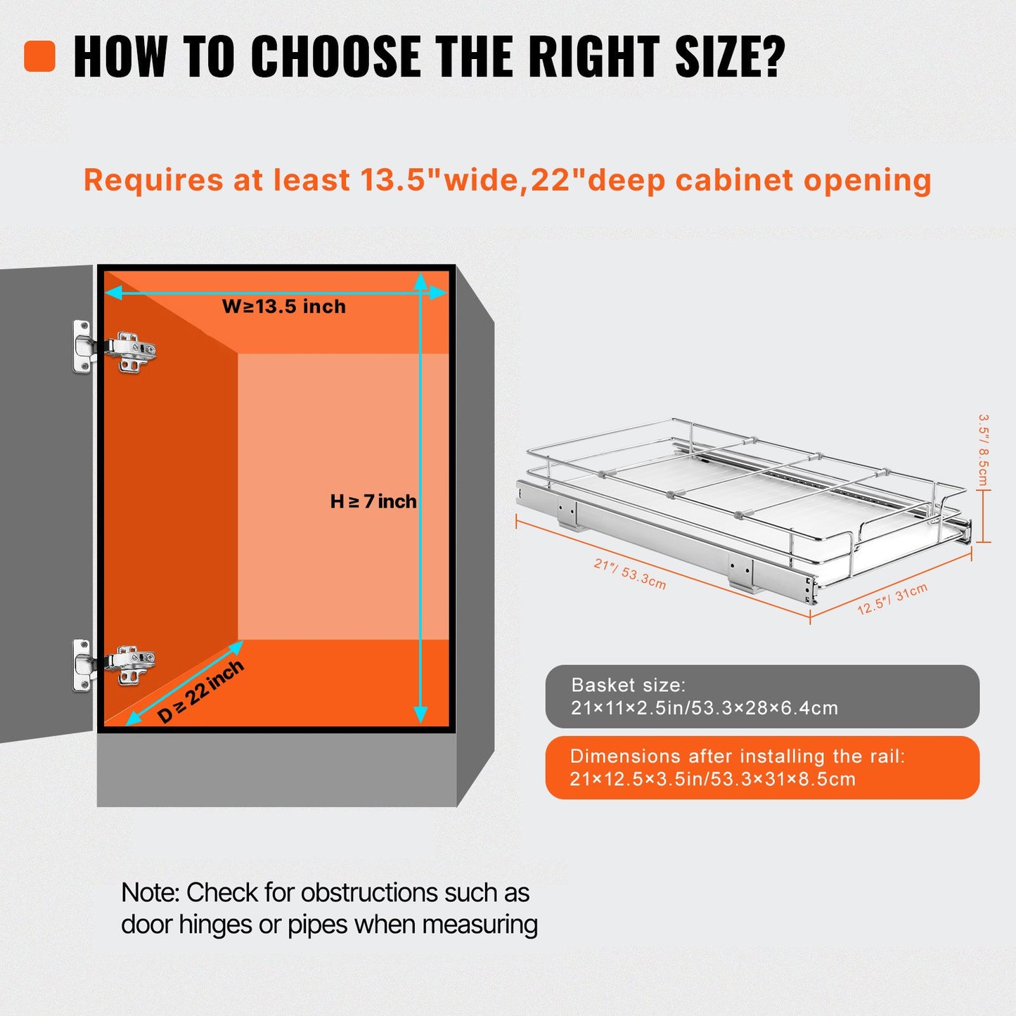 12.5"Wx21"Dx3.5"H Pull Out Cabinet Organizer, Heavy Duty Slide Out Pantry Shelves, Steel Roll Out Drawers, Sliding Drawer Storage for Home Under Sink, 14"Wx22"Dx7"H Install Size for Cabinet