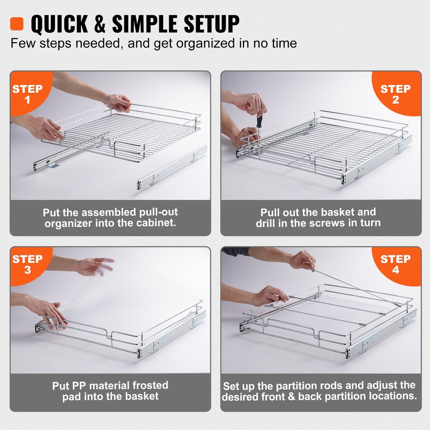 Ausziehbarer Schrank-Organizer, 43,2 cm B x 53,3 cm T, robuste ausziehbare Vorratsregale, ausziehbare Schubladen aus verchromtem Stahl, Schiebeaufbewahrung für Zuhause, in Küchenschränken, im Badezimmer, unter der Spüle