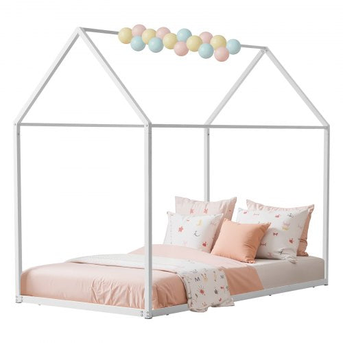Twin Size House Bed Frame, Metal Kids Floor Bed Frame with Roof, Heavy Duty Steel Slats Support, House Shape Bedframe for Girls and Boys, No Box Spring Needed, Easy Assembly, White