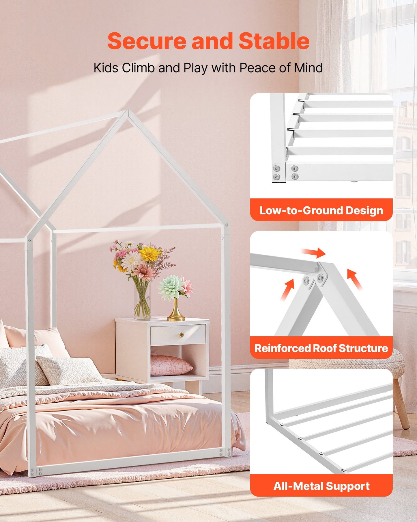 Twin Size House Bed Frame, Metal Kids Floor Bed Frame with Roof, Heavy Duty Steel Slats Support, House Shape Bedframe for Girls and Boys, No Box Spring Needed, Easy Assembly, White