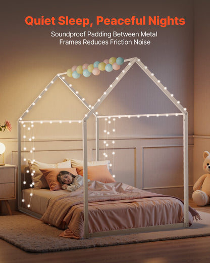 Twin Size House Bed Frame, Metal Kids Floor Bed Frame with Roof, Heavy Duty Steel Slats Support, House Shape Bedframe for Girls and Boys, No Box Spring Needed, Easy Assembly, White