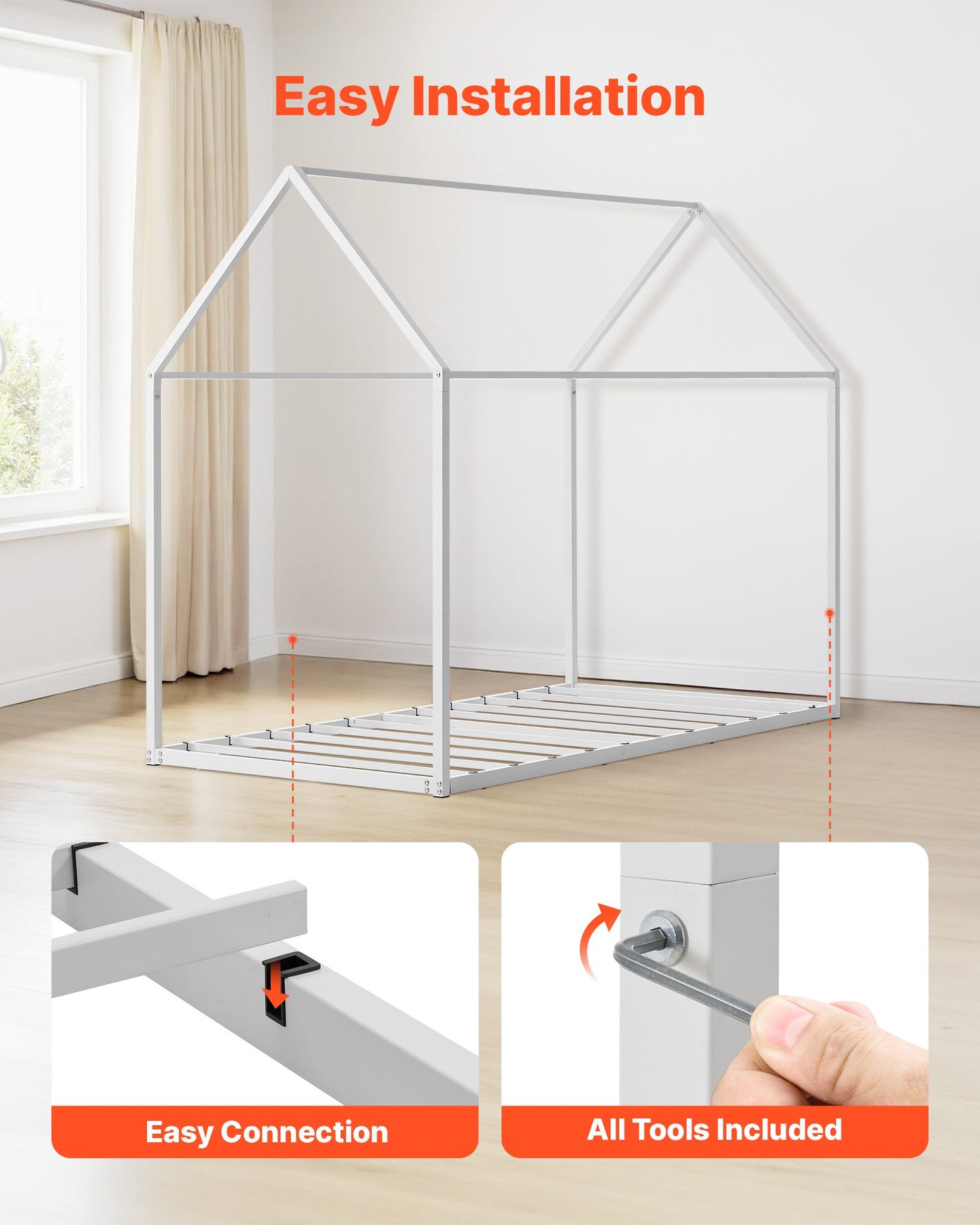 Twin Size House Bed Frame, Metal Kids Floor Bed Frame with Roof, Heavy Duty Steel Slats Support, House Shape Bedframe for Girls and Boys, No Box Spring Needed, Easy Assembly, White