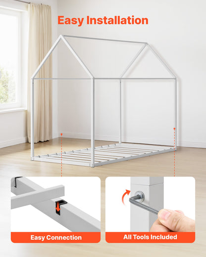 Twin Size House Bed Frame, Metal Kids Floor Bed Frame with Roof, Heavy Duty Steel Slats Support, House Shape Bedframe for Girls and Boys, No Box Spring Needed, Easy Assembly, White