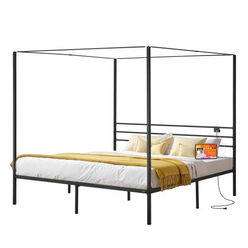 King Size Canopy Bed Frame, Metal Canopy Bed with Charging Station and Four Posters Design, Heavy Duty Steel Slats Support, Underbed Storage Space, No Box Spring Needed, Easy Assembly, Black