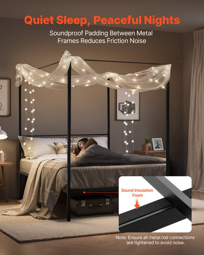 Full Size Canopy Bed Frame, Metal Canopy Bed with Four Posters Design, Heavy Duty Steel Slats Support, Underbed Storage Space, No Box Spring Needed, Easy Assembly, Black