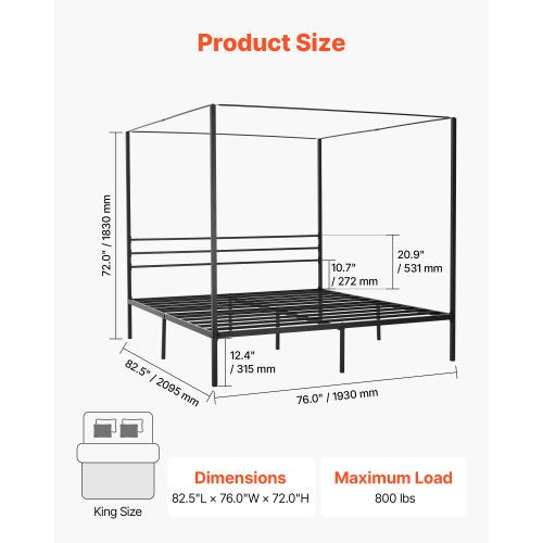 King size four-poster bed with metal frame and canopy, black | EU