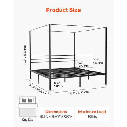 King size four-poster bed with metal frame and canopy, black | EU