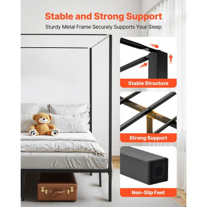 King size four-poster bed with metal frame and canopy, black | EU