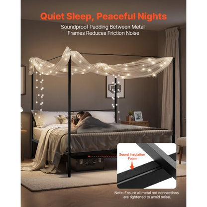 King size four-poster bed with metal frame and canopy, black | EU