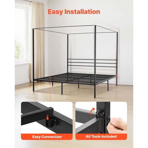 King size four-poster bed with metal frame and canopy, black | EU