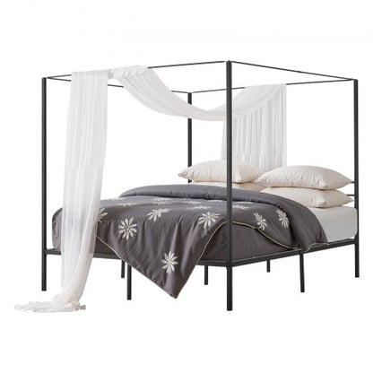 King size four-poster bed with metal frame and canopy, black | EU