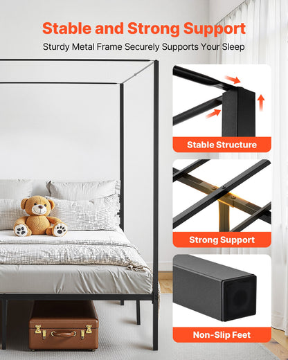 King Size Canopy Bed Frame, Metal Canopy Bed with Four Posters Design, Heavy Duty Steel Slats Support, Underbed Storage Space, No Box Spring Needed, Easy Assembly, Black