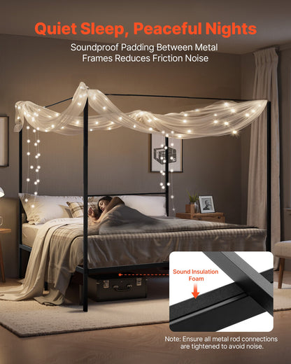 King Size Canopy Bed Frame, Metal Canopy Bed with Four Posters Design, Heavy Duty Steel Slats Support, Underbed Storage Space, No Box Spring Needed, Easy Assembly, Black