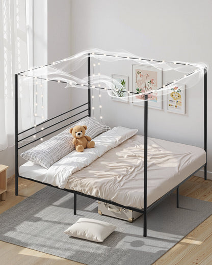 King Size Canopy Bed Frame, Metal Canopy Bed with Four Posters Design, Heavy Duty Steel Slats Support, Underbed Storage Space, No Box Spring Needed, Easy Assembly, Black