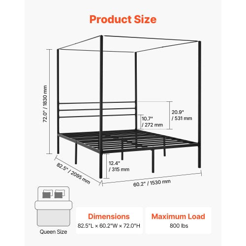 Queen size himmelsäng med ram i metall och himmelssäng, svart |  EU