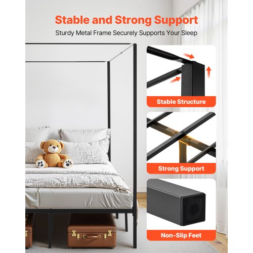 Queen size himmelsäng med ram i metall och himmelssäng, svart |  EU