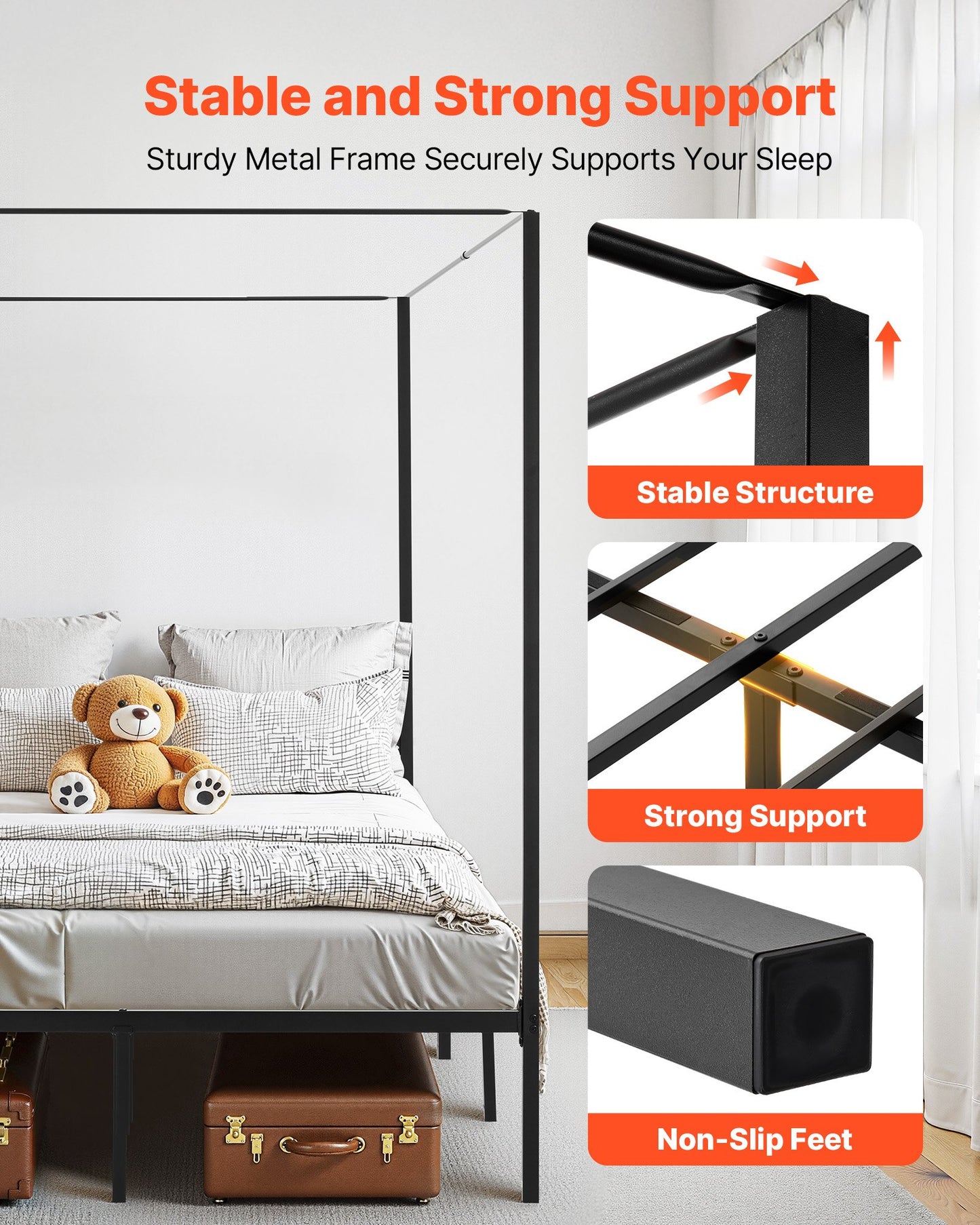 Queen Size Canopy Bed Frame, Metal Canopy Bed with Four Posters Design, Heavy Duty Steel Slats Support, Underbed Storage Space, No Box Spring Needed, Easy Assembly, Black