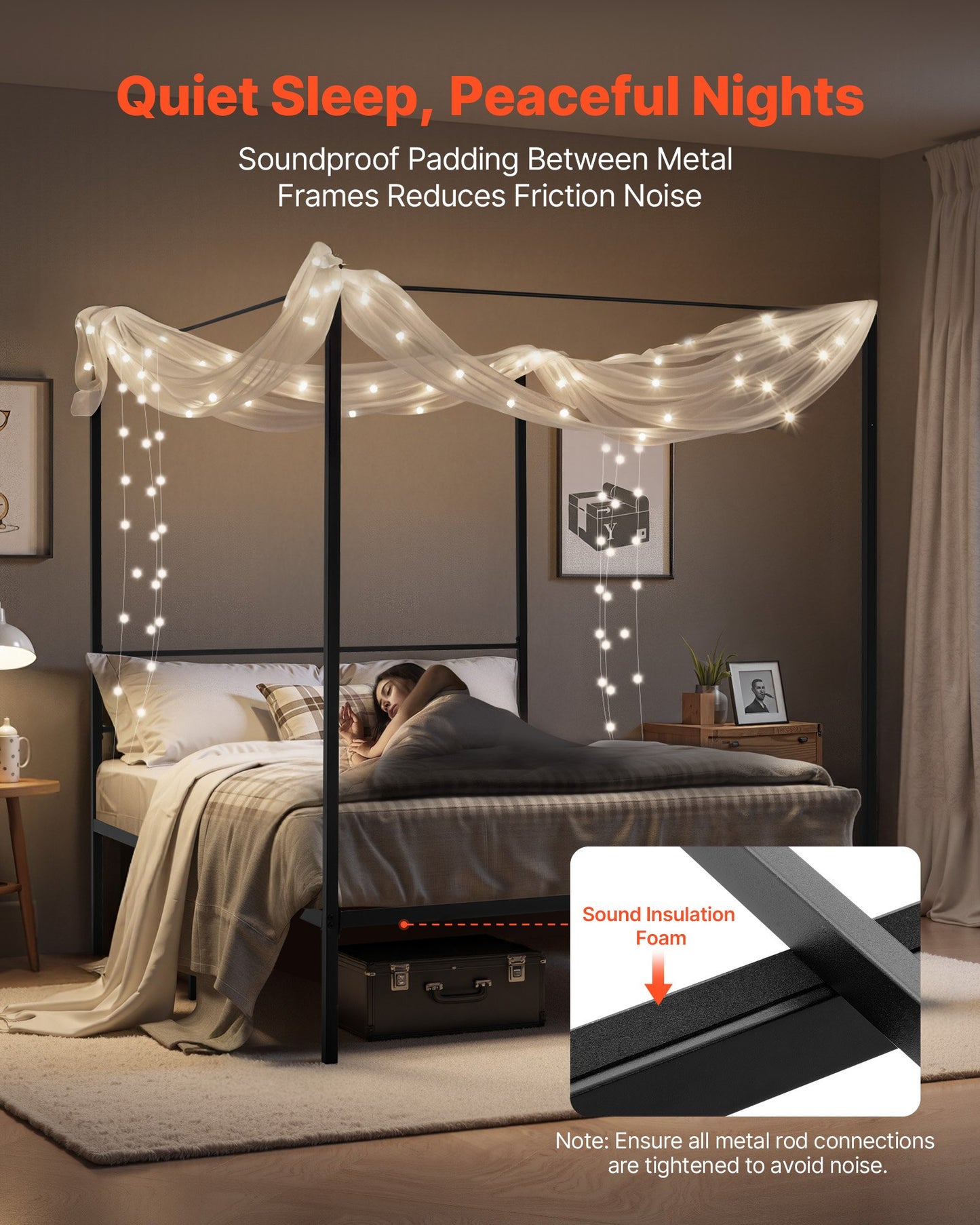 Queen Size Canopy Bed Frame, Metal Canopy Bed with Four Posters Design, Heavy Duty Steel Slats Support, Underbed Storage Space, No Box Spring Needed, Easy Assembly, Black