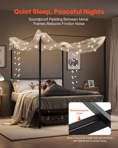 Queen Size Canopy Bed Frame, Metal Canopy Bed with Four Posters Design, Heavy Duty Steel Slats Support, Underbed Storage Space, No Box Spring Needed, Easy Assembly, Black