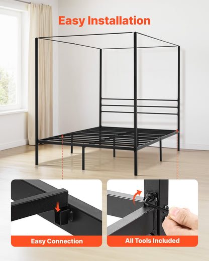 Queen Size Canopy Bed Frame, Metal Canopy Bed with Four Posters Design, Heavy Duty Steel Slats Support, Underbed Storage Space, No Box Spring Needed, Easy Assembly, Black