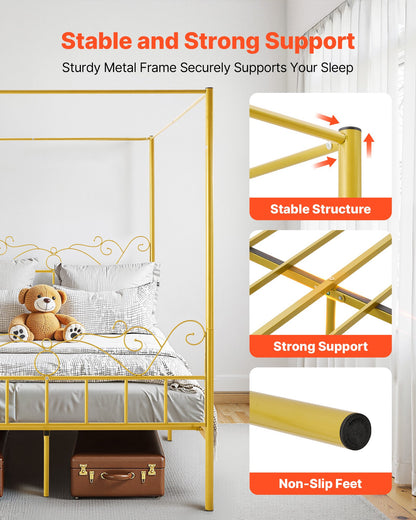 Queen Size Canopy Bed Frame, Metal Canopy Bed with Minimalist Headboard & Four Posters Design, Heavy Duty Steel Slats Support, Underbed Storage Space, No Box Spring Needed, Easy Assembly, Gold