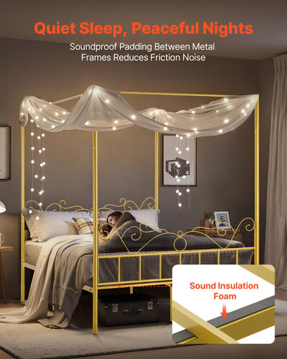 Queen Size Canopy Bed Frame, Metal Canopy Bed with Minimalist Headboard & Four Posters Design, Heavy Duty Steel Slats Support, Underbed Storage Space, No Box Spring Needed, Easy Assembly, Gold