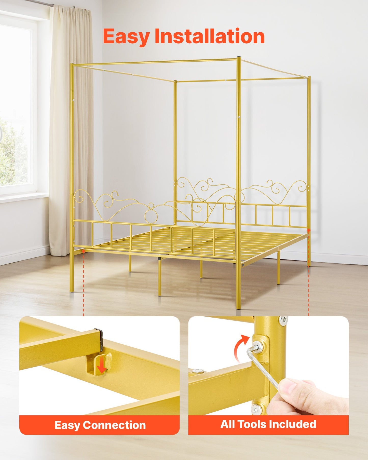 Queen Size Canopy Bed Frame, Metal Canopy Bed with Minimalist Headboard & Four Posters Design, Heavy Duty Steel Slats Support, Underbed Storage Space, No Box Spring Needed, Easy Assembly, Gold