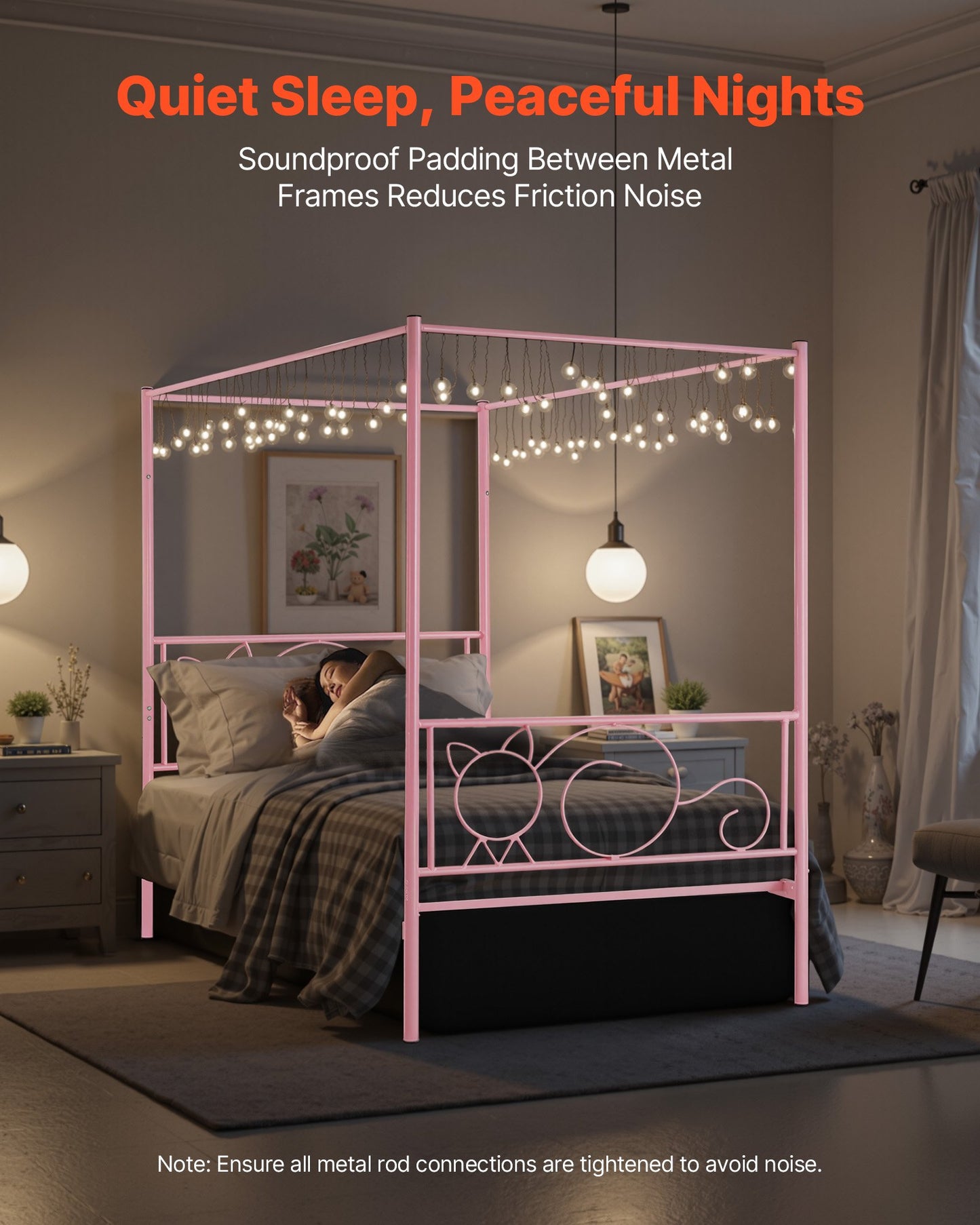 Twin Size Canopy Bed Frame, Metal Canopy Bed with Minimalist Headboard & Four Posters Design, Heavy Duty Steel Slats Support, Underbed Storage Space, No Box Spring Needed, Easy Assembly, Pink