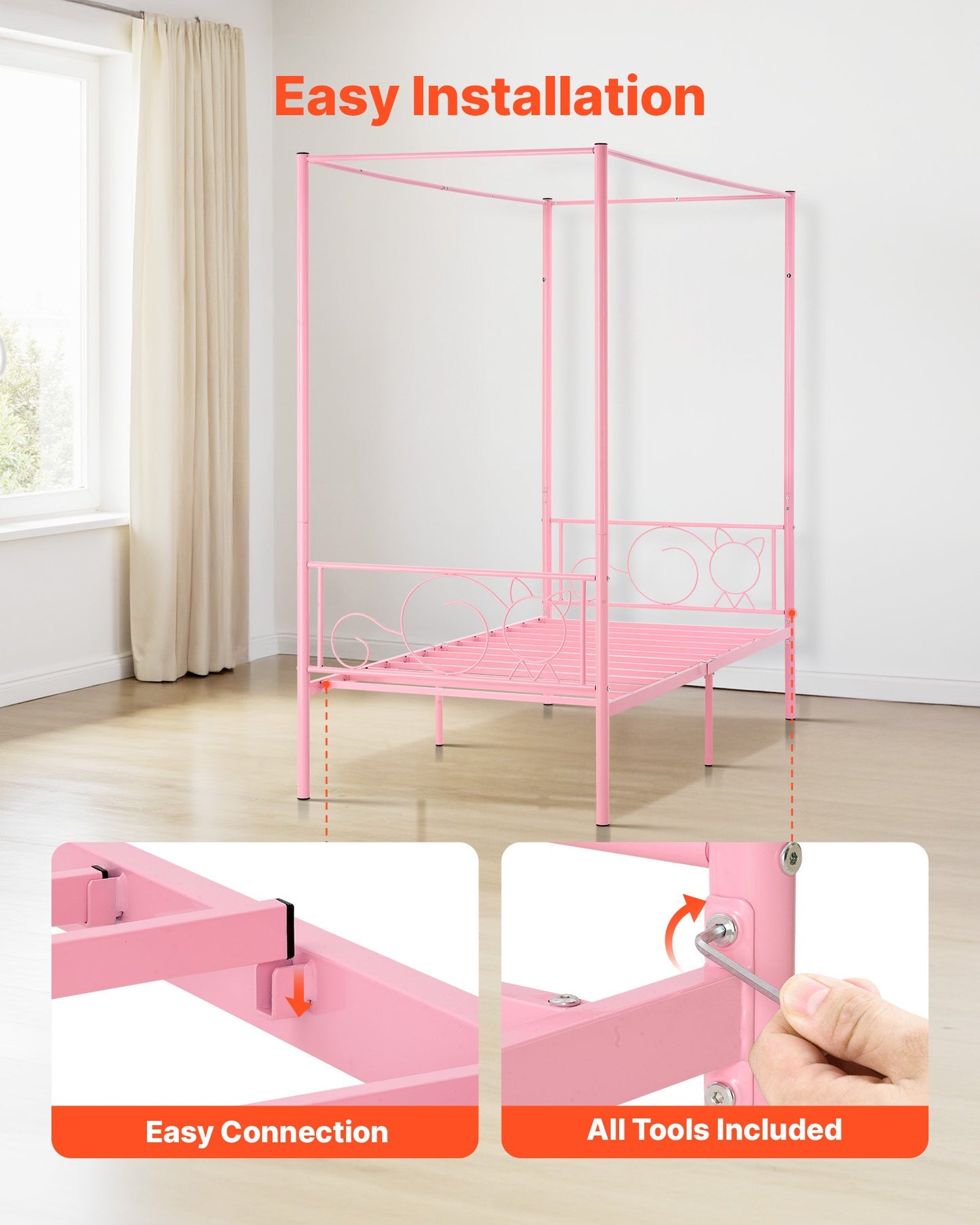 Twin Size Canopy Bed Frame, Metal Canopy Bed with Minimalist Headboard & Four Posters Design, Heavy Duty Steel Slats Support, Underbed Storage Space, No Box Spring Needed, Easy Assembly, Pink