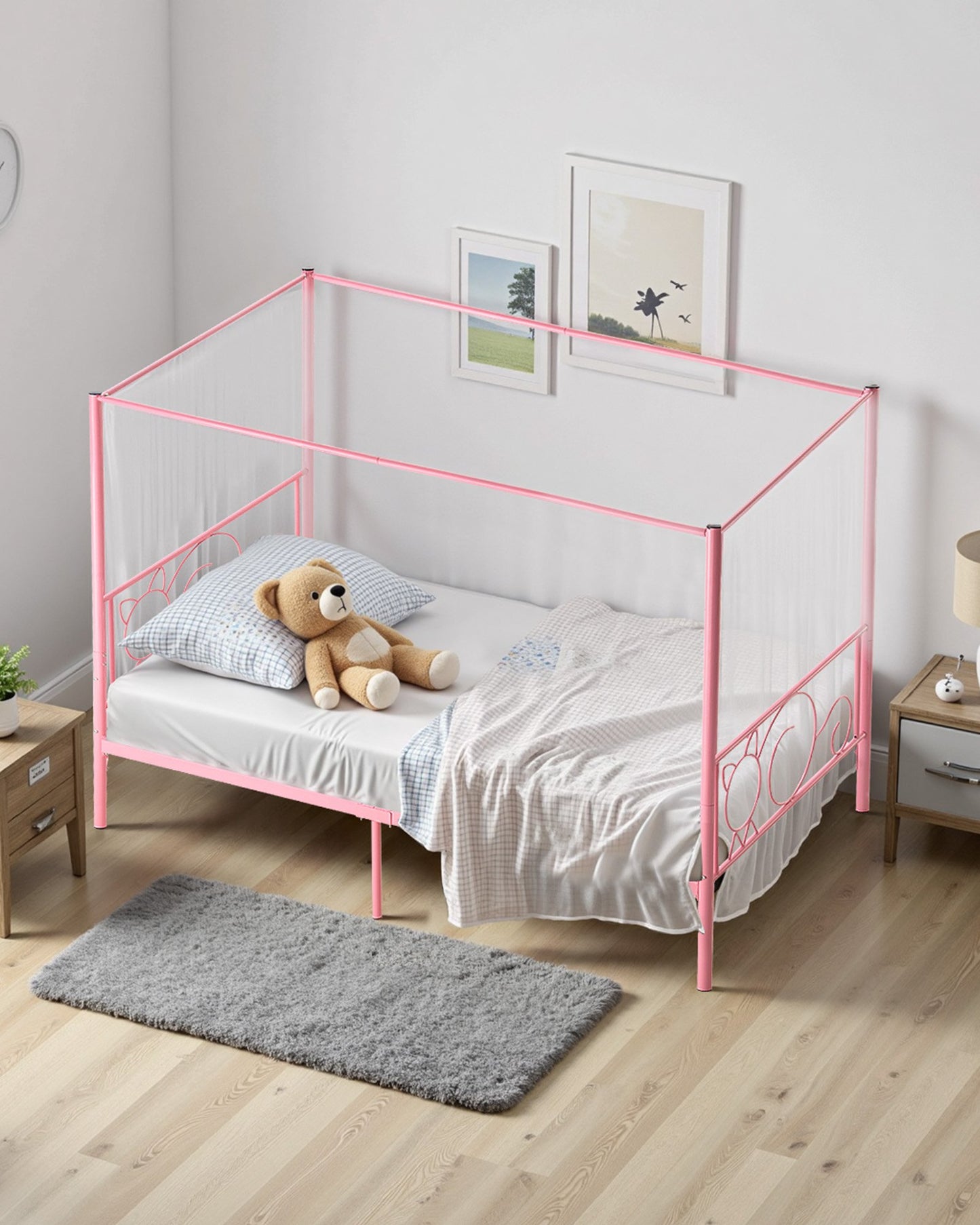 Twin Size Canopy Bed Frame, Metal Canopy Bed with Minimalist Headboard & Four Posters Design, Heavy Duty Steel Slats Support, Underbed Storage Space, No Box Spring Needed, Easy Assembly, Pink