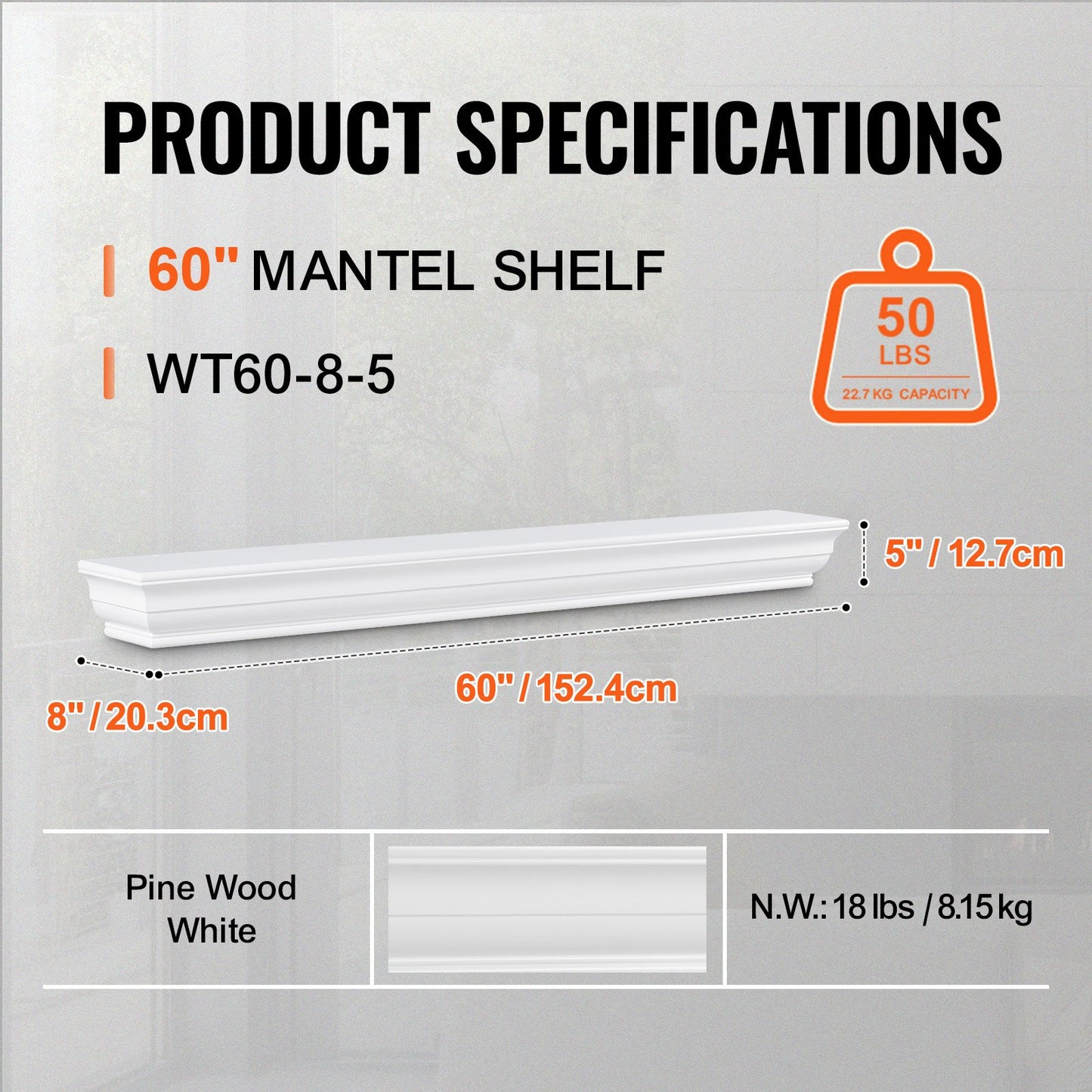 Kaminsims-Holzregal, schwebendes Kaminsims-Regal für Wohnzimmer, 152,4 cm, Weiß