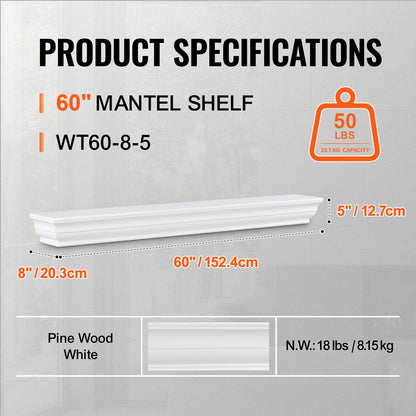 Kaminsims-Holzregal, schwebendes Kaminsims-Regal für Wohnzimmer, 152,4 cm, Weiß