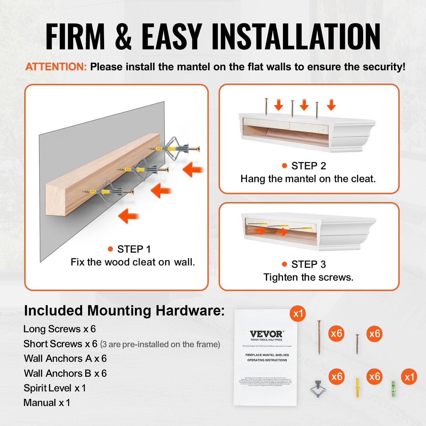 Kaminsims-Holzregal, schwebendes Kaminsims-Regal für Wohnzimmer, 152,4 cm, Weiß