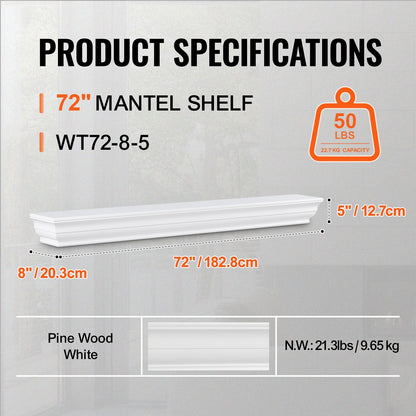 Kaminsims-Holzregal, schwebendes Kaminsims-Regal für Wohnzimmer, 183 cm, Weiß