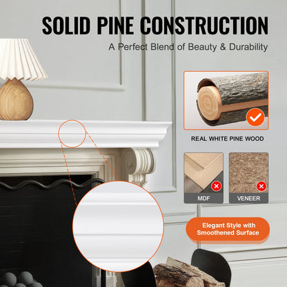 Kaminsims-Holzregal, schwebendes Kaminsims-Regal für Wohnzimmer, 183 cm, Weiß