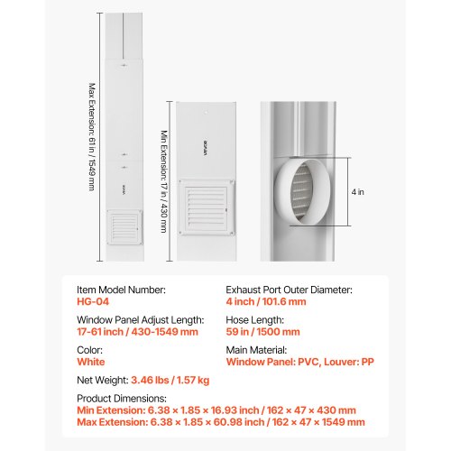 Belüftungs-Fenster-Set für Wäschetrockner, passend für 101,6 mm Schlauch, verstellbar für Schiebefenster