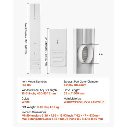 Belüftungs-Fenster-Set für Wäschetrockner, passend für 101,6 mm Schlauch, verstellbar für Schiebefenster