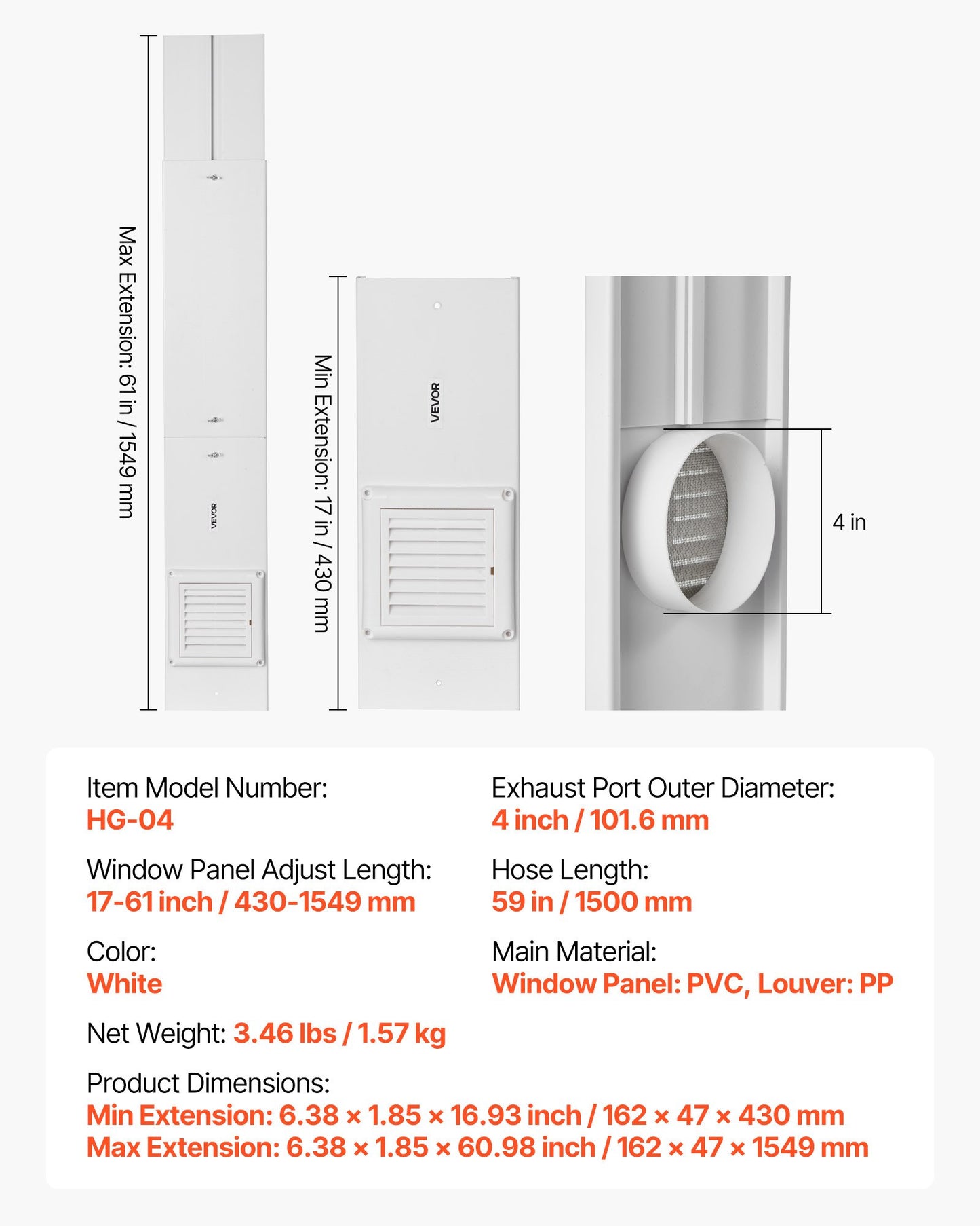 Dryer Vent Window Kit, Fits 4-Inch Exhaust Hoses, Adjustable Length for Adapts Sliding Windows of Different Heights, Sturdy PVC and PP Materials, Dual Protections & Multi-layer Sealing Design