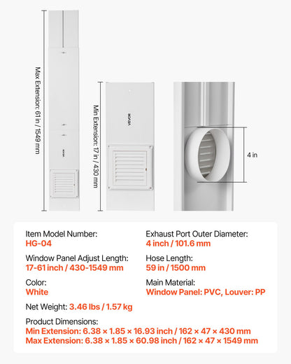 Dryer Vent Window Kit, Fits 4-Inch Exhaust Hoses, Adjustable Length for Adapts Sliding Windows of Different Heights, Sturdy PVC and PP Materials, Dual Protections & Multi-layer Sealing Design