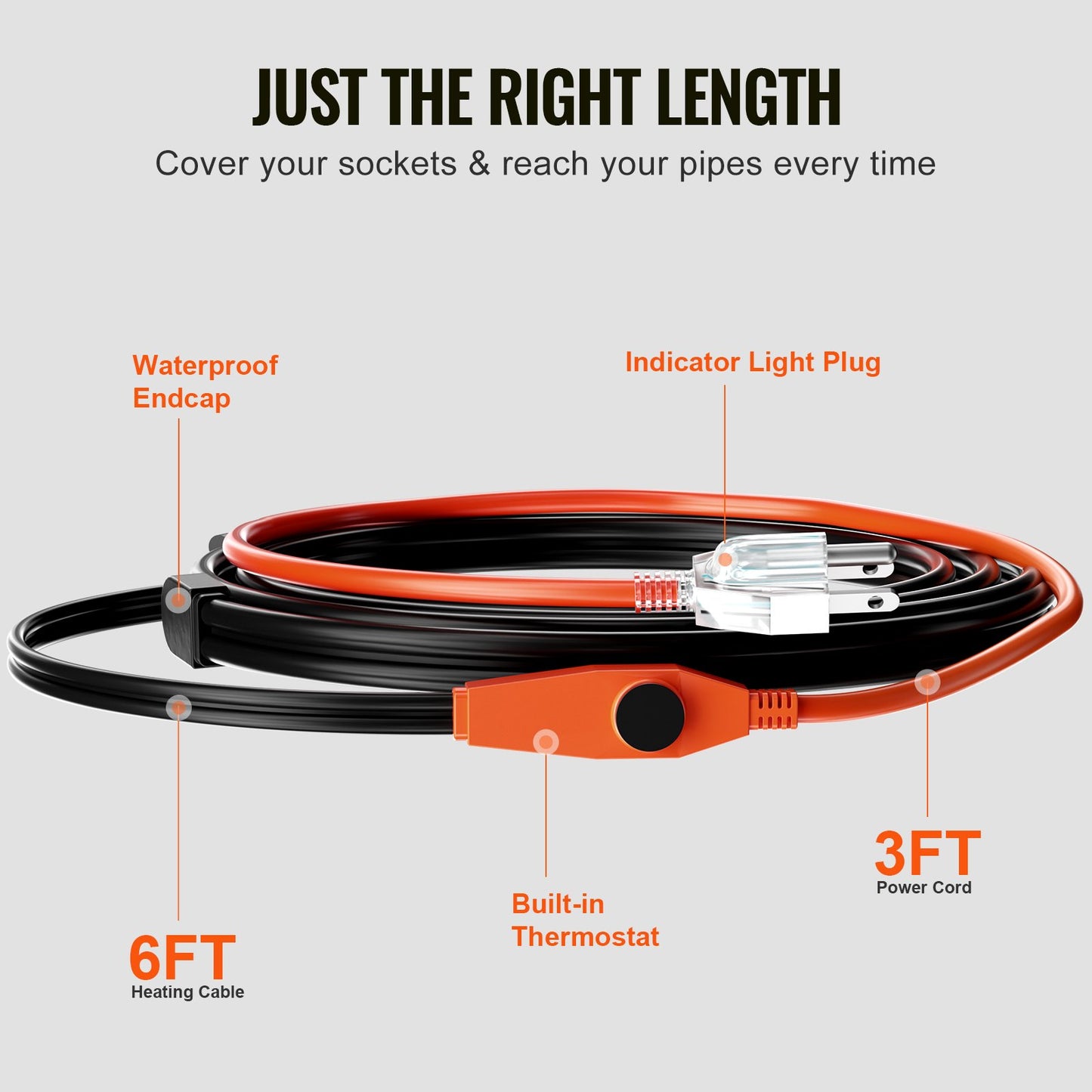 Pipe Heating Cable, 6FT 7W/FT Heat Tape for Pipes with Built-in Thermostat, Water Pipe Heat Cable Protects PVC Hose, Metal and Plastic Pipe from Freezing