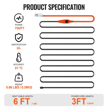 Pipe Heating Cable, 6FT 7W/FT Heat Tape for Pipes with Built-in Thermostat, Water Pipe Heat Cable Protects PVC Hose, Metal and Plastic Pipe from Freezing