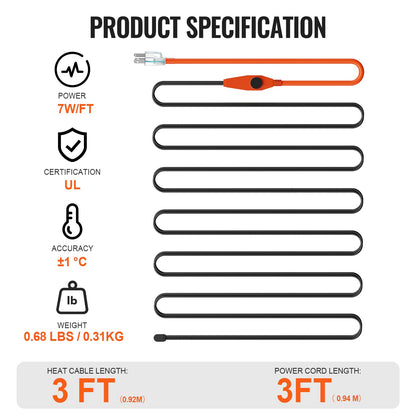 Pipe Heating Cable, 3FT 7W/FT Heat Tape for Pipes with Built-in Thermostat, Water Pipe Heat Cable Protects PVC Hose, Metal and Plastic Pipe from Freezing