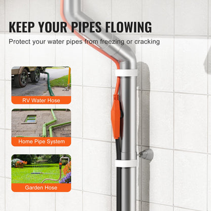 Pipe Heating Cable, 12FT 7W/FT Heat Tape for Pipes with Built-in Thermostat, Water Pipe Heat Cable Protects PVC Hose, Metal and Plastic Pipe from Freezing